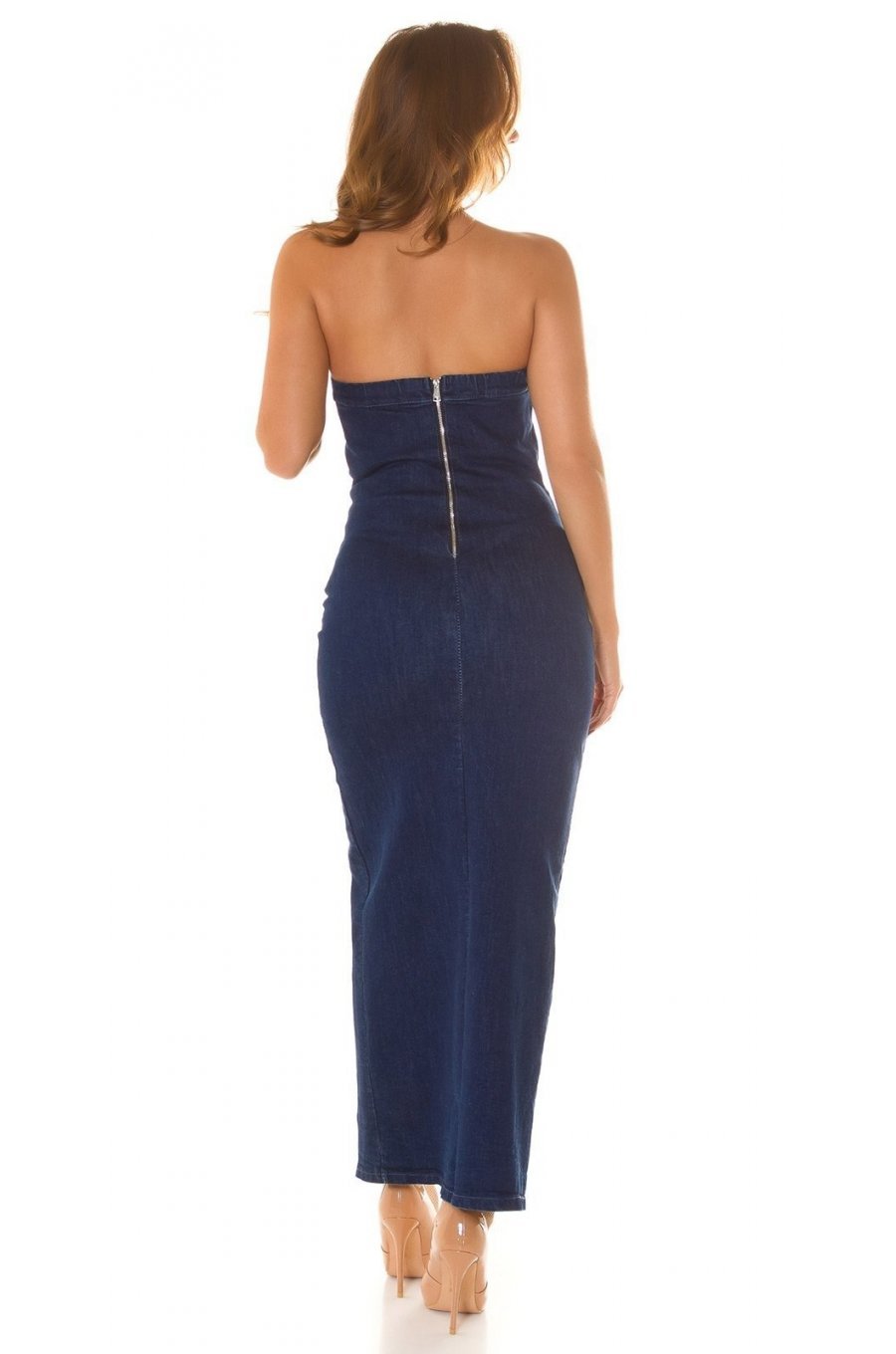 Rochie albastra de blugi din bumbac mulata cu umerii goi Bridde Rochie albastra de blugi din bumbac mulata cu umerii goi Bridde 4 - jojofashion.ro