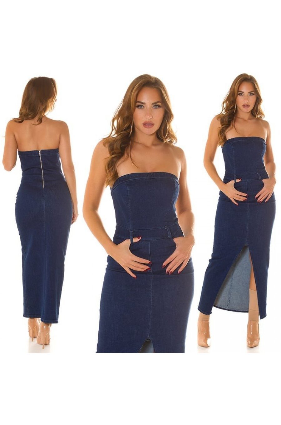 Rochie albastra de blugi din bumbac mulata cu umerii goi Bridde Rochie albastra de blugi din bumbac mulata cu umerii goi Bridde 7 - jojofashion.ro