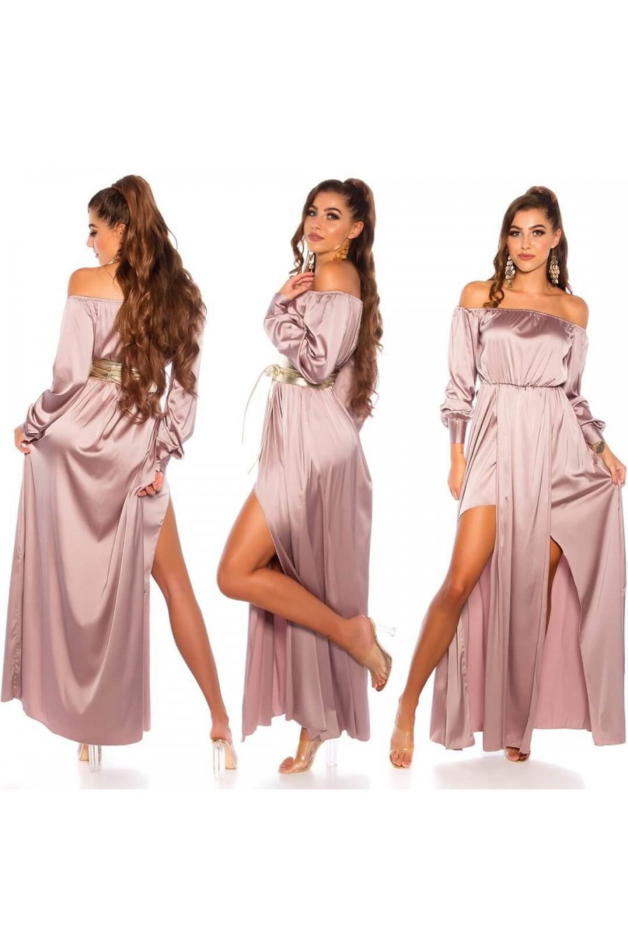 Rochie de ocazie eleganta lunga din satin cappuccino Gul 4 - jojofashion.ro