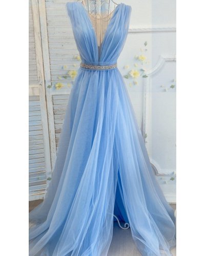 Rochie de ocazie eleganta lunga cu tulle bleu Adele Rochii lungi, Rochie de ocazie eleganta lunga cu tulle bleu Adele - jojofashion.ro
