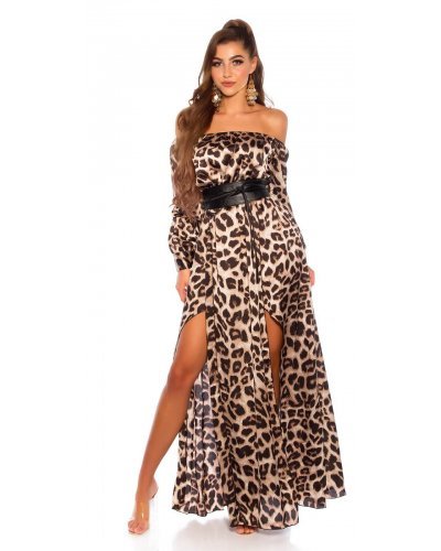Rochie de ocazie eleganta lunga din satin animal print leopard Gul - jojofashion.ro