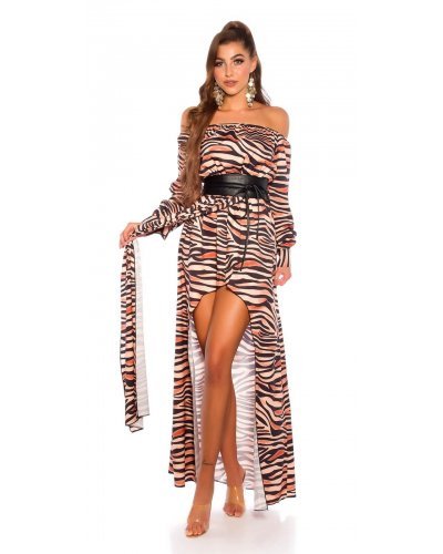 Rochie de ocazie eleganta lunga din satin animal print zebra Gul Rochii lungi, Rochie de ocazie eleganta lunga din satin animal print zebra Gul - jojofashion.ro