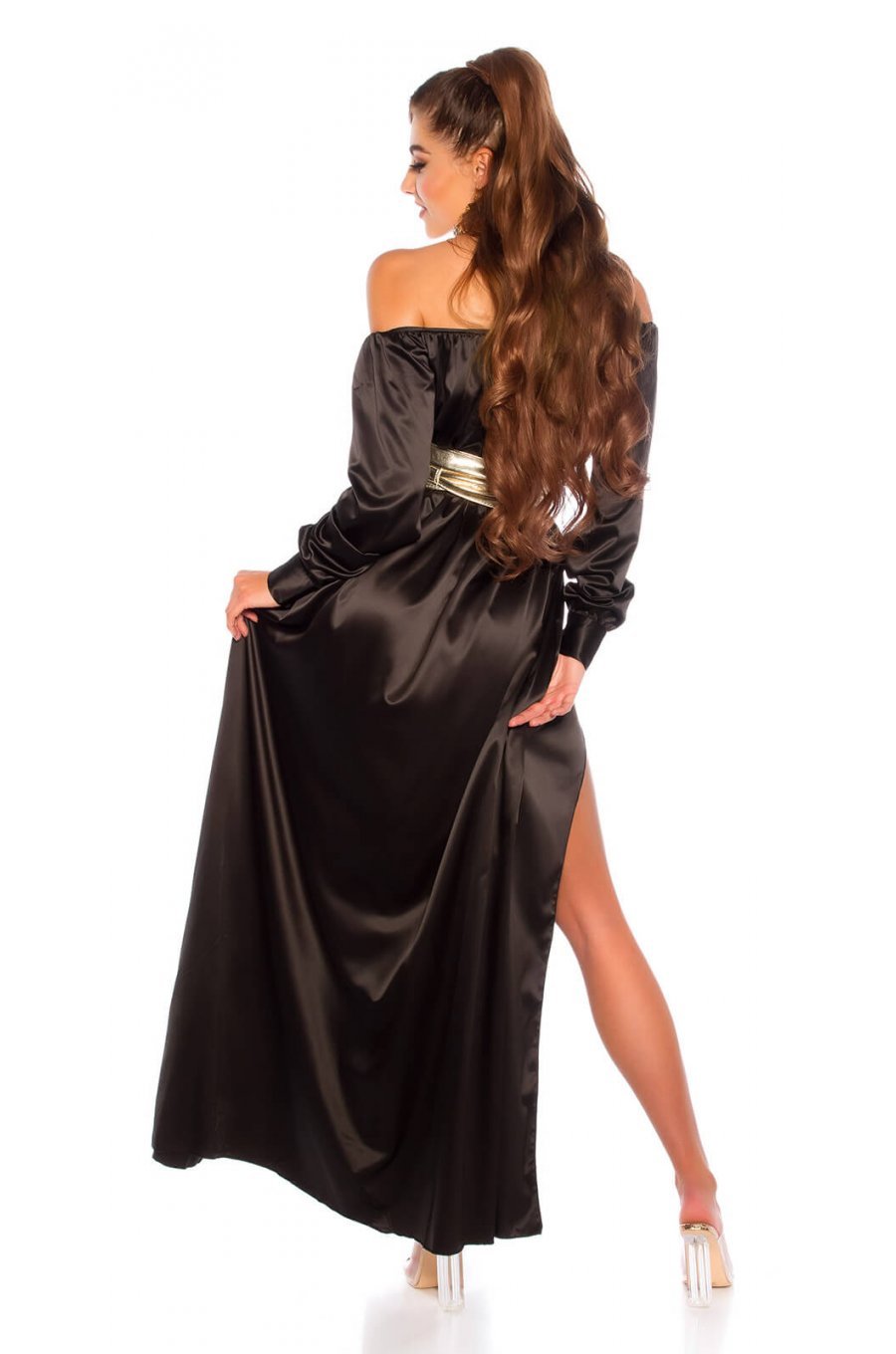 Rochie de ocazie eleganta lunga neagra din satin Gul 3 - jojofashion.ro