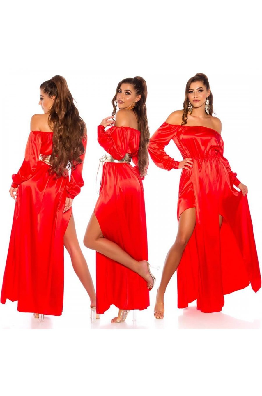 Rochie de ocazie eleganta lunga rosie din satin vaporoasa Gul 4 - jojofashion.ro