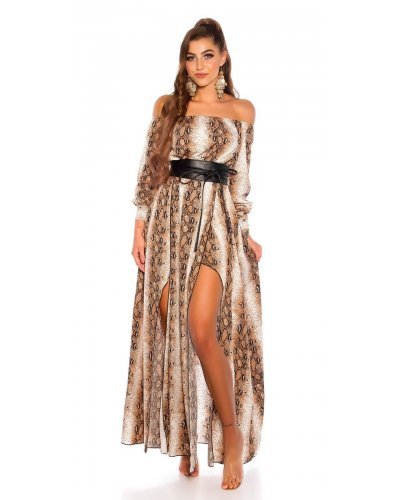 Rochie de ocazie eleganta lunga din satin snake print vaporoasa Gul Rochii satin, Rochie de ocazie eleganta lunga din satin snake print vaporoasa Gul - jojofashion.ro