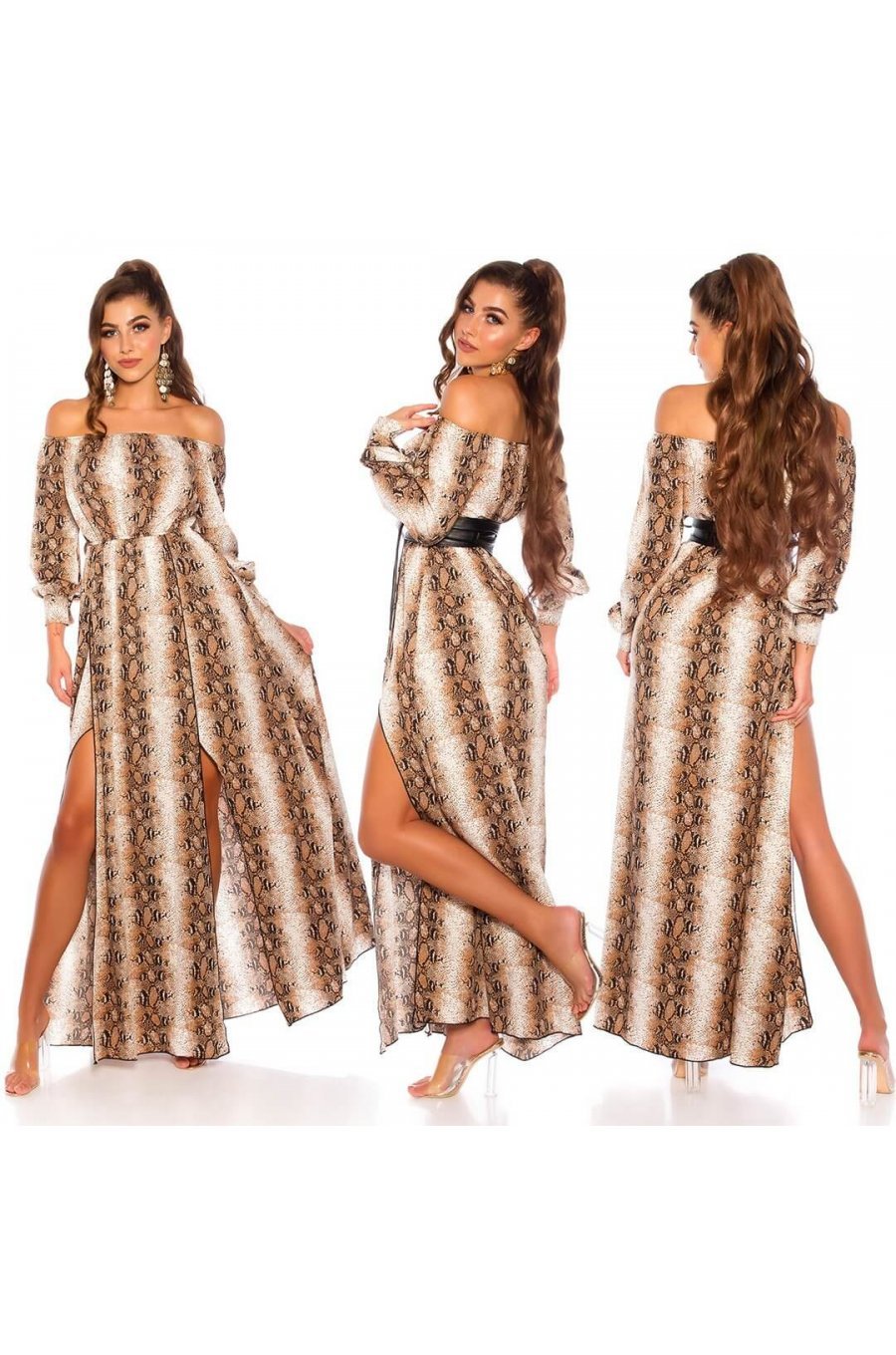 Rochie de ocazie eleganta lunga din satin snake print vaporoasa Gul 5 - jojofashion.ro