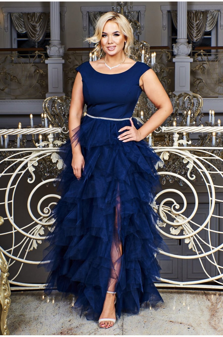 Rochie lunga din tul bleumarin cu pene  Dana 1 - jojofashion.ro