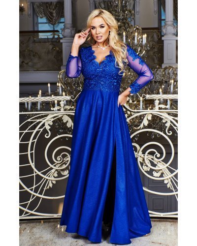 Rochie de ocazie eleganta lunga in marimi mari brocard albastru regal Carmen Rochii lungi, Rochie de ocazie eleganta lunga in marimi mari brocard albastru regal Carmen - jojofashion.ro