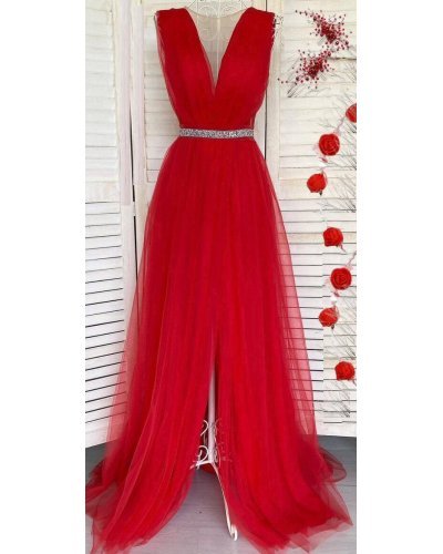 Rochie lunga rosie din tulle Adele Rochii lungi, Rochie lunga rosie din tulle Adele - jojofashion.ro