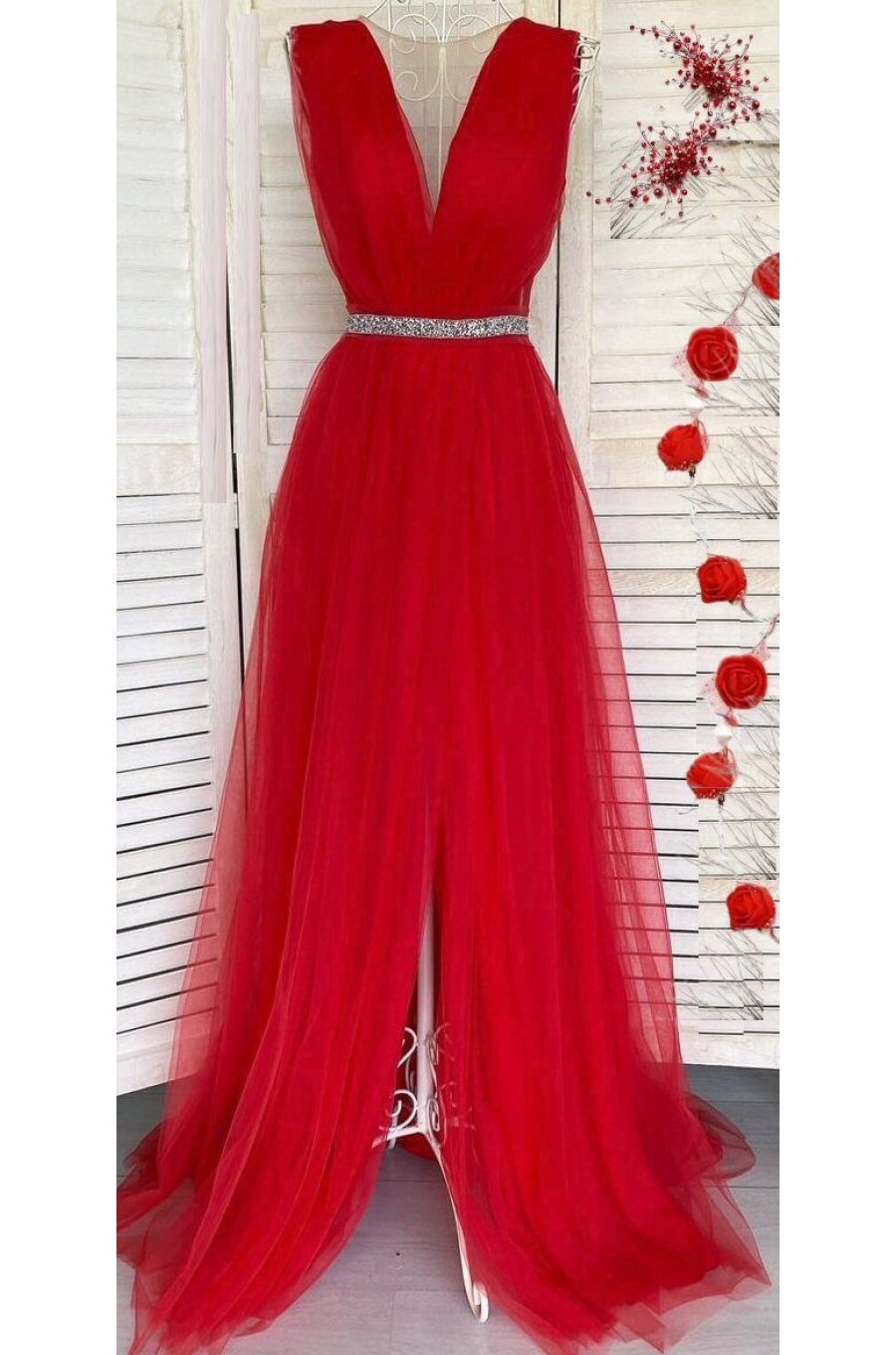 Rochie lunga rosie din tulle Adele 1 - jojofashion.ro