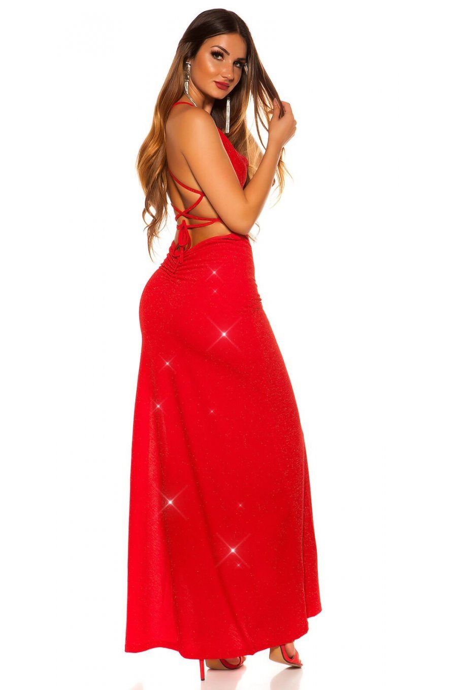 Rochie de seara eleganta lunga, rosie, mulata, cu spate gol, Leyla 2 - jojofashion.ro