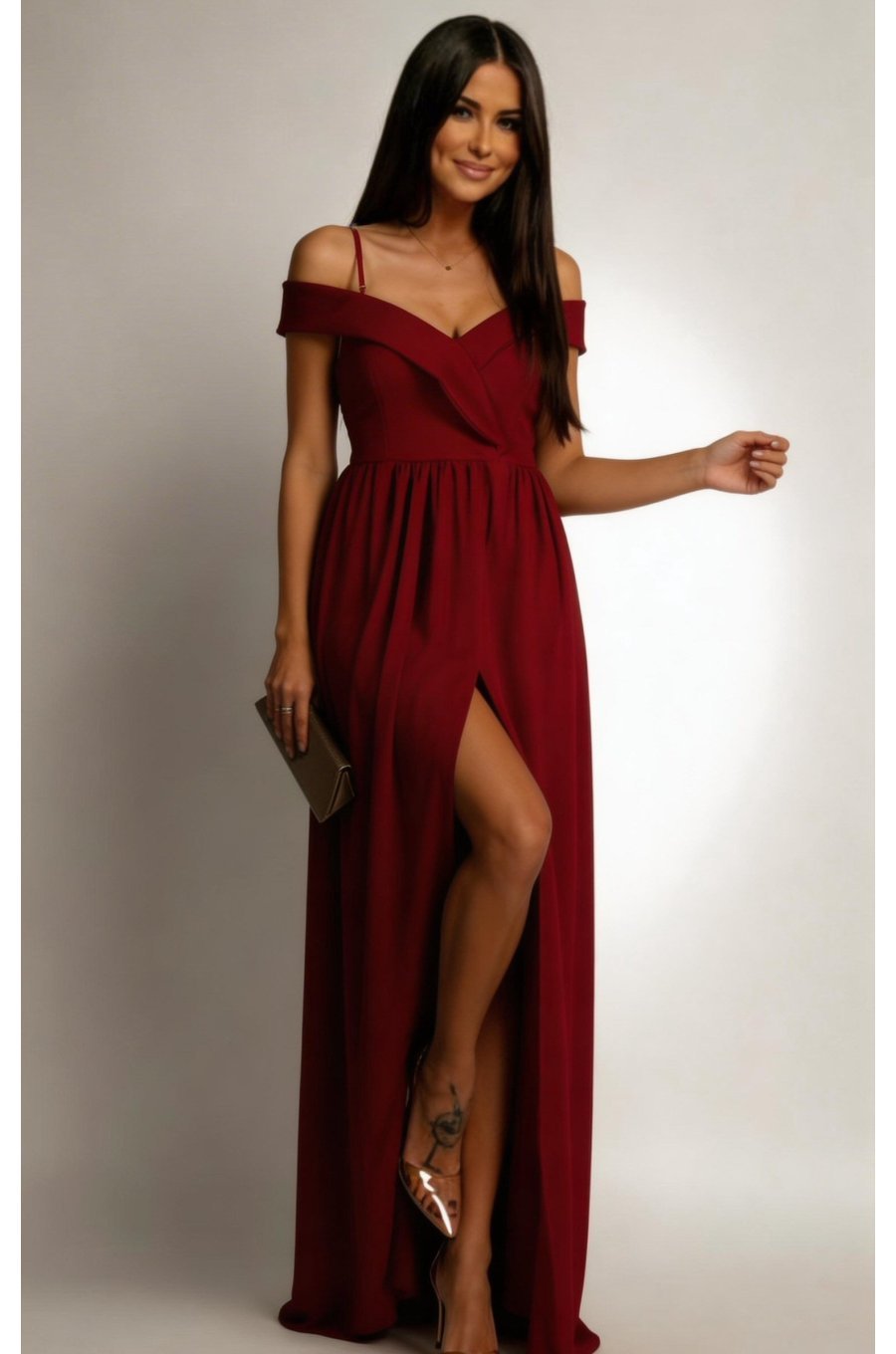 Rochie lunga burgundy cu umerii goi vaporoasa Kosmina 1 - jojofashion.ro