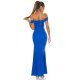 Rochie lunga albastra, mulata, cu umerii goi, crapata pe picior, Berda 6 - jojofashion.ro