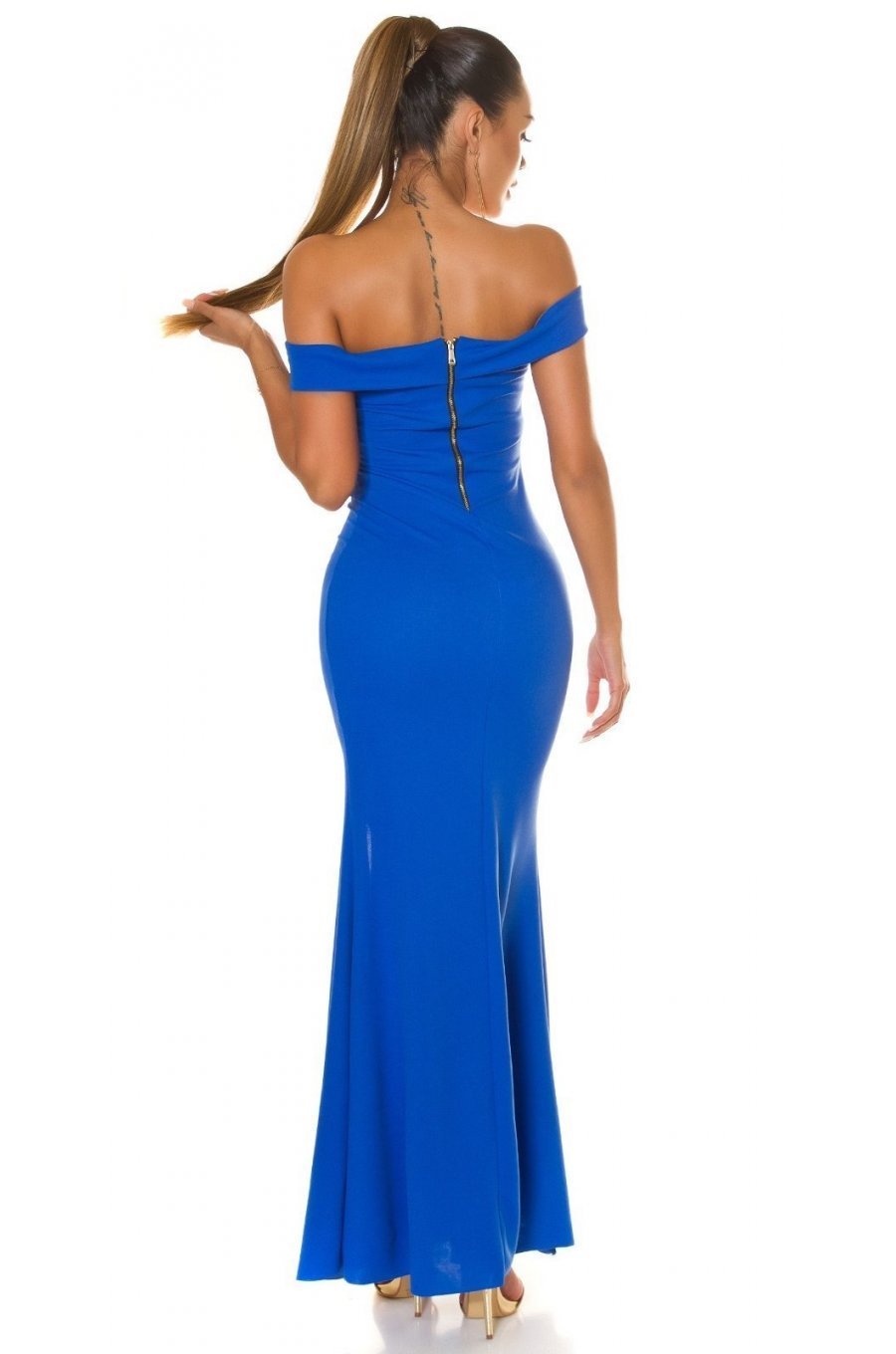 Rochie lunga albastra, mulata, cu umerii goi, crapata pe picior, Berda 5 - jojofashion.ro