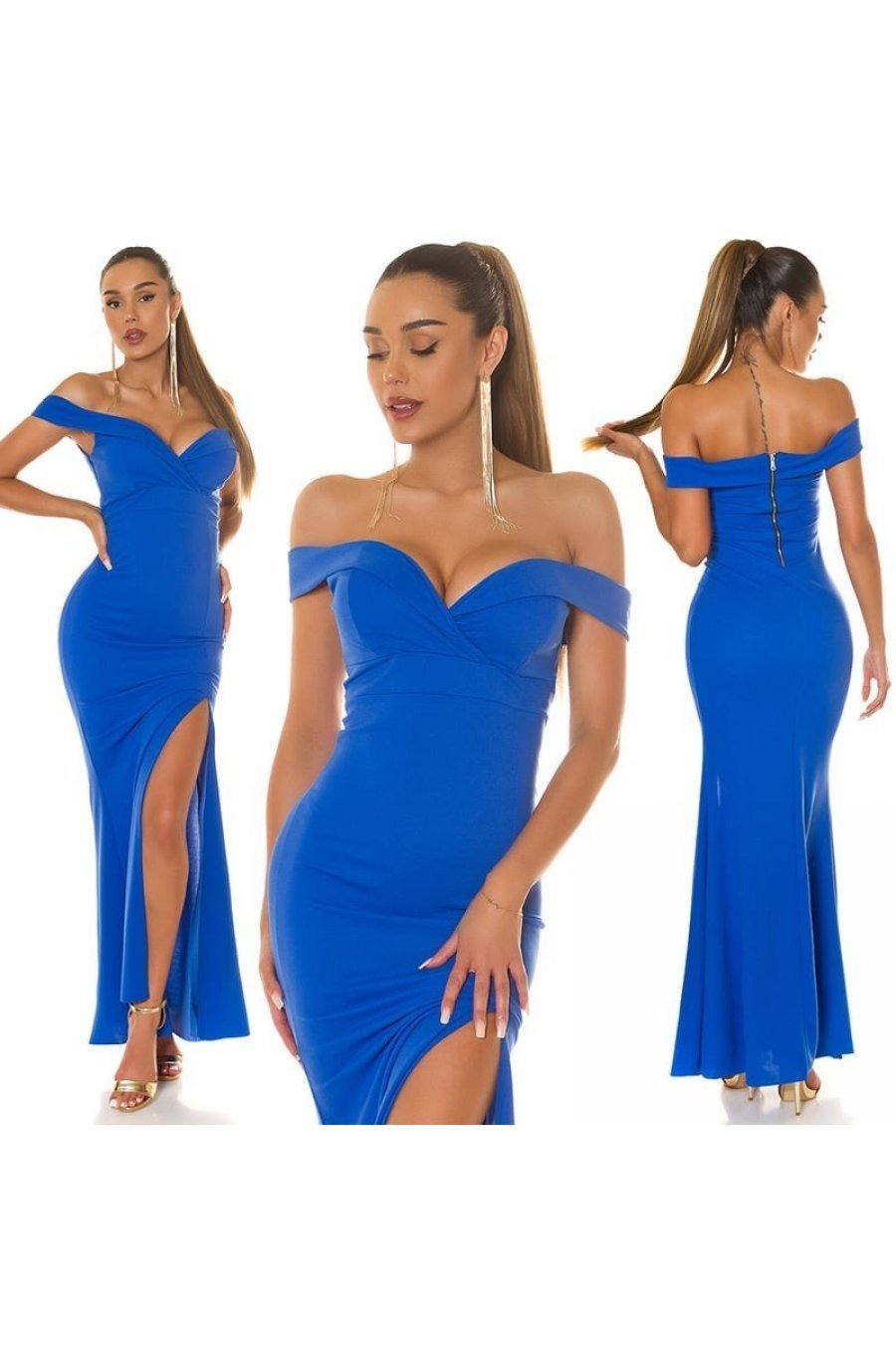 Rochie lunga albastra, mulata, cu umerii goi, crapata pe picior, Berda 7 - jojofashion.ro