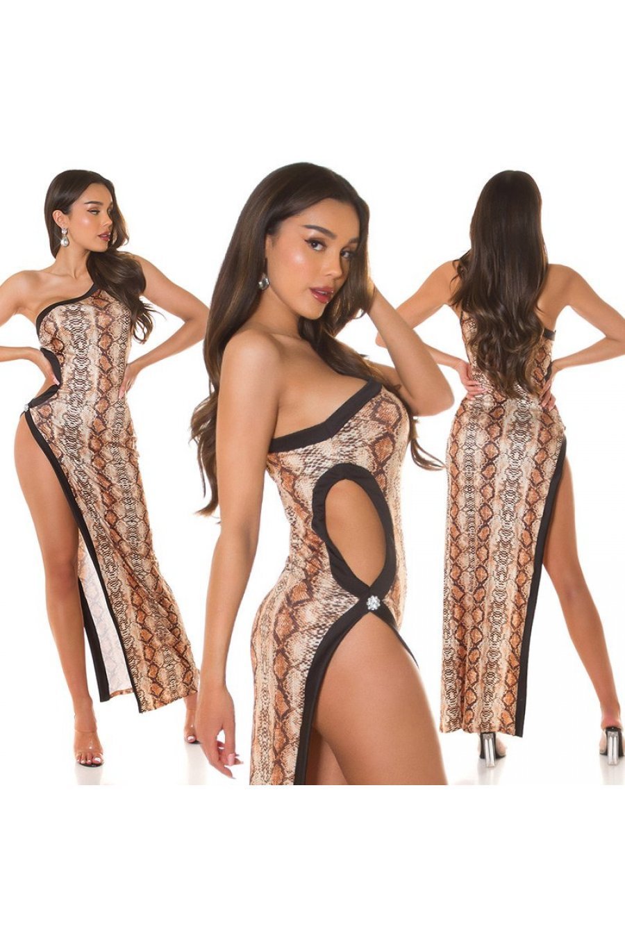 Rochie lunga animal print snake, mulata, cu un umar gol, Reanne 8 - jojofashion.ro
