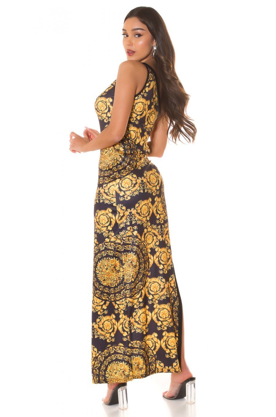 Rochie lunga galbena, cu print baroc, mulata, cu un umar gol, Reanne 6 - jojofashion.ro