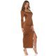 Rochie lunga, maro, mulata, cu maneca lunga, crapata pe picior, Maddys 7 - jojofashion.ro