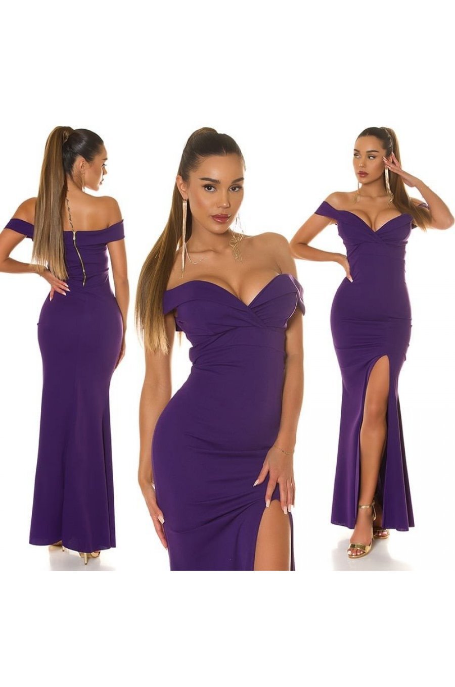 Rochie lunga mov, mulata, cu umerii goi, crapata pe picior, Berda 8 - jojofashion.ro