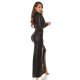 Rochie lunga WetLook neagra, mulata, cu maneca lunga, crapata pe picior, Noelia 9 - jojofashion.ro