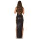Rochie lunga WetLook, neagra, mulata, cu snur si crapatura pe laterale, Karishma 7 - jojofashion.ro