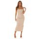 Rochie lunga bandeau bej mulata  piele eco cu umerii goi Therese 6 - jojofashion.ro