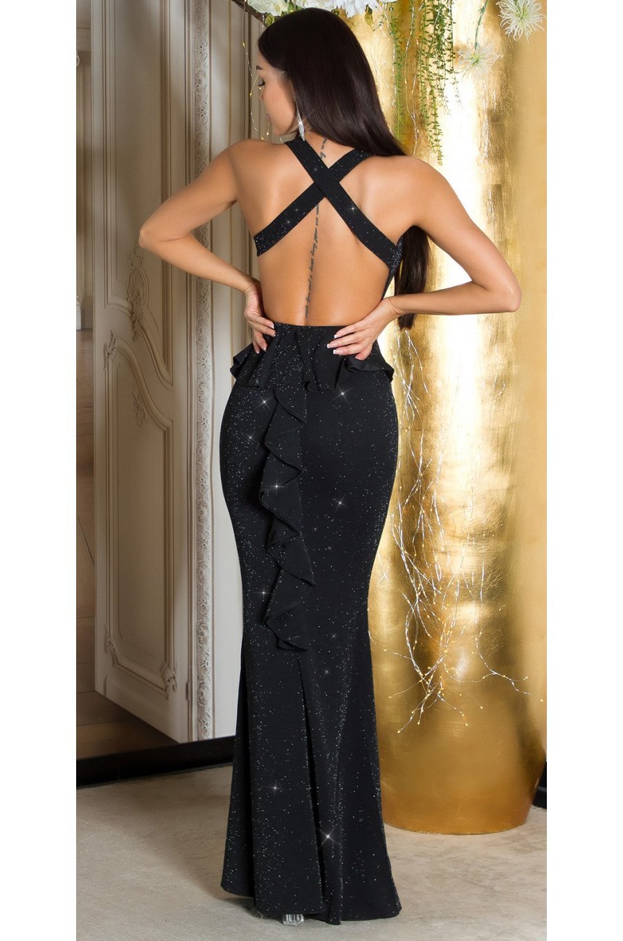 Rochie lunga neagra mulata din glitter cu umerii goi Love 1 - jojofashion.ro