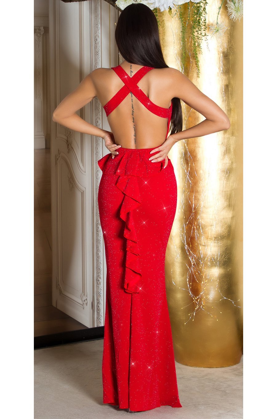 Rochie lunga rosie mulata cu umerii goi din glitter Love 1 - jojofashion.ro