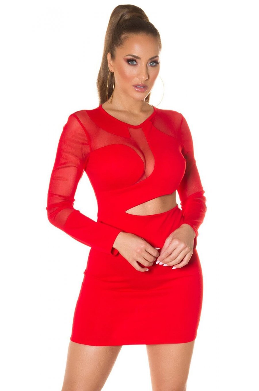 Rochie scurta rosie mulata cu plasa Siya 1 - jojofashion.ro