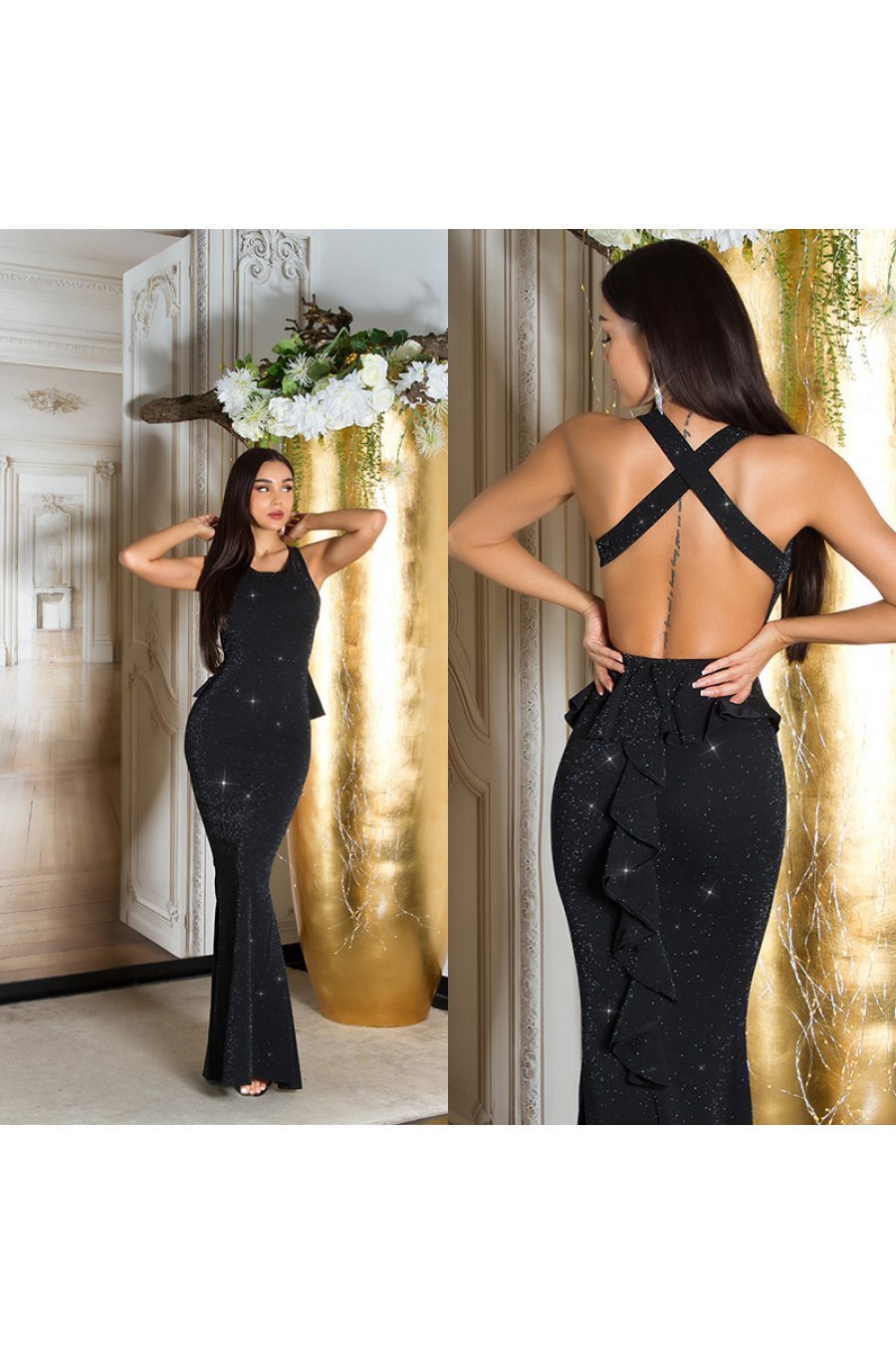 Rochie lunga neagra mulata din glitter cu umerii goi Love 5 - jojofashion.ro