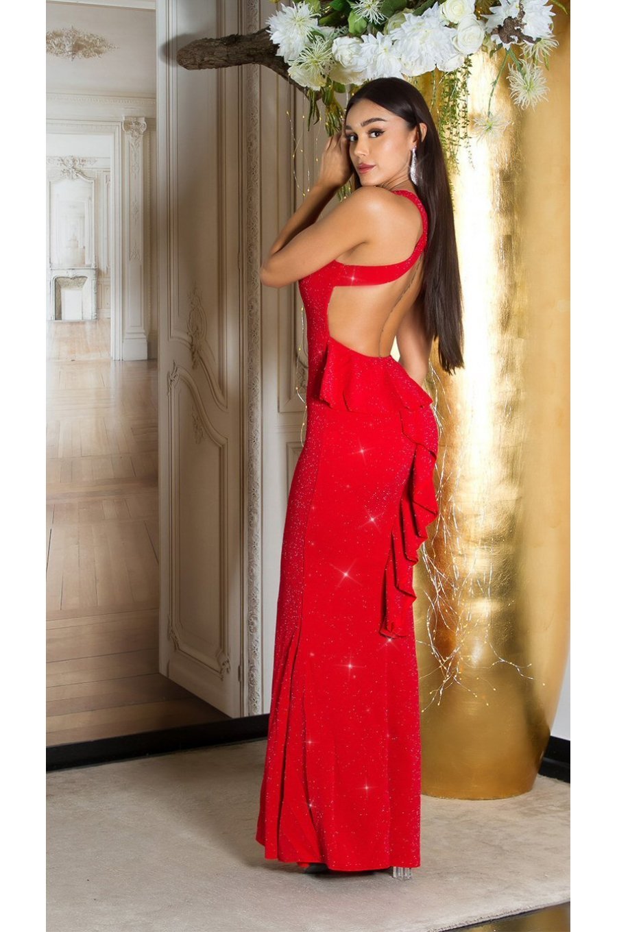 Rochie lunga rosie mulata cu umerii goi din glitter Love 5 - jojofashion.ro