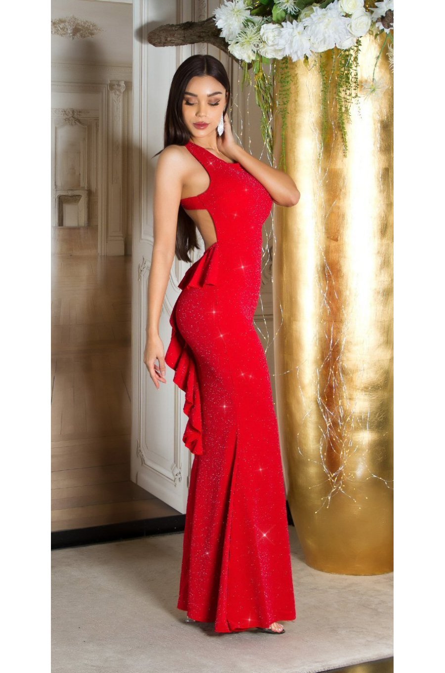 Rochie lunga rosie mulata cu umerii goi din glitter Love 4 - jojofashion.ro
