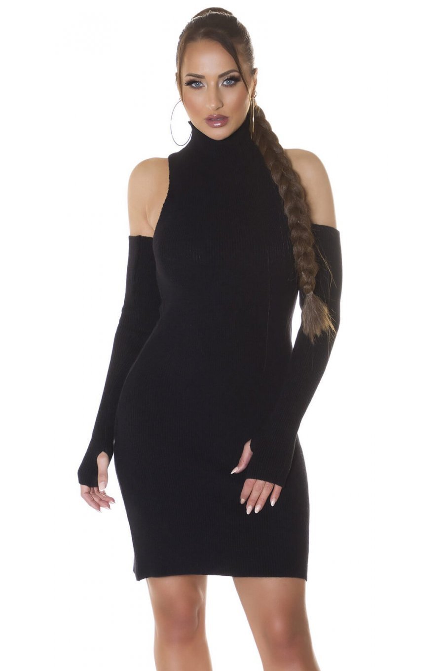 Rochie tricotata midi cu umeri goi neagra Dilara 1 - jojofashion.ro