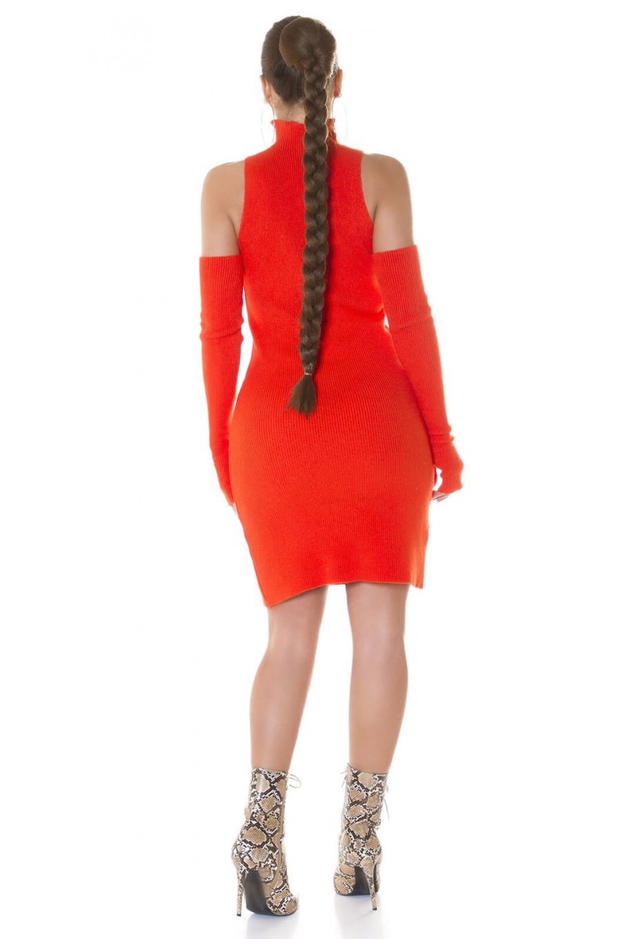 Rochie tricotata, midi, orange cu umeri goi Dilara Rochie tricotata, midi, orange cu umeri goi Dilara 4 - jojofashion.ro