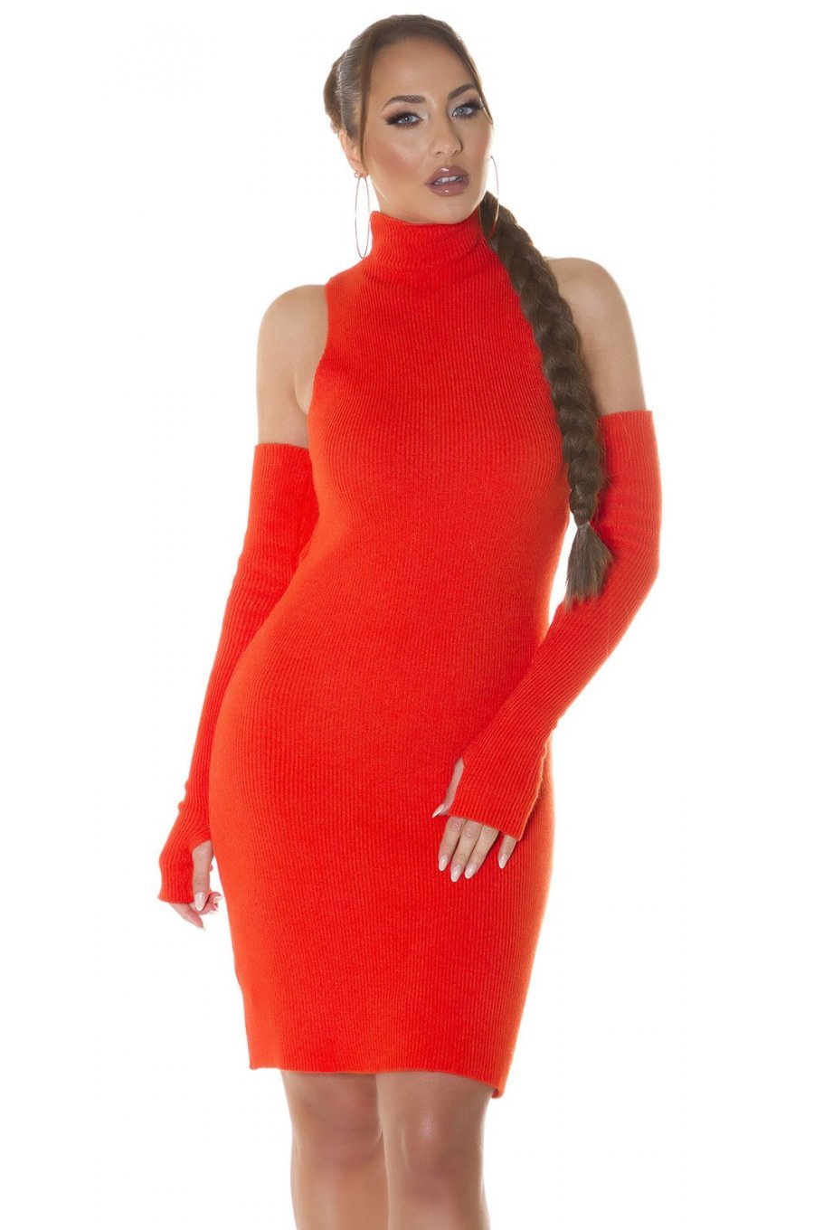 Rochie tricotata, midi, orange cu umeri goi Dilara Rochie tricotata, midi, orange cu umeri goi Dilara 1 - jojofashion.ro