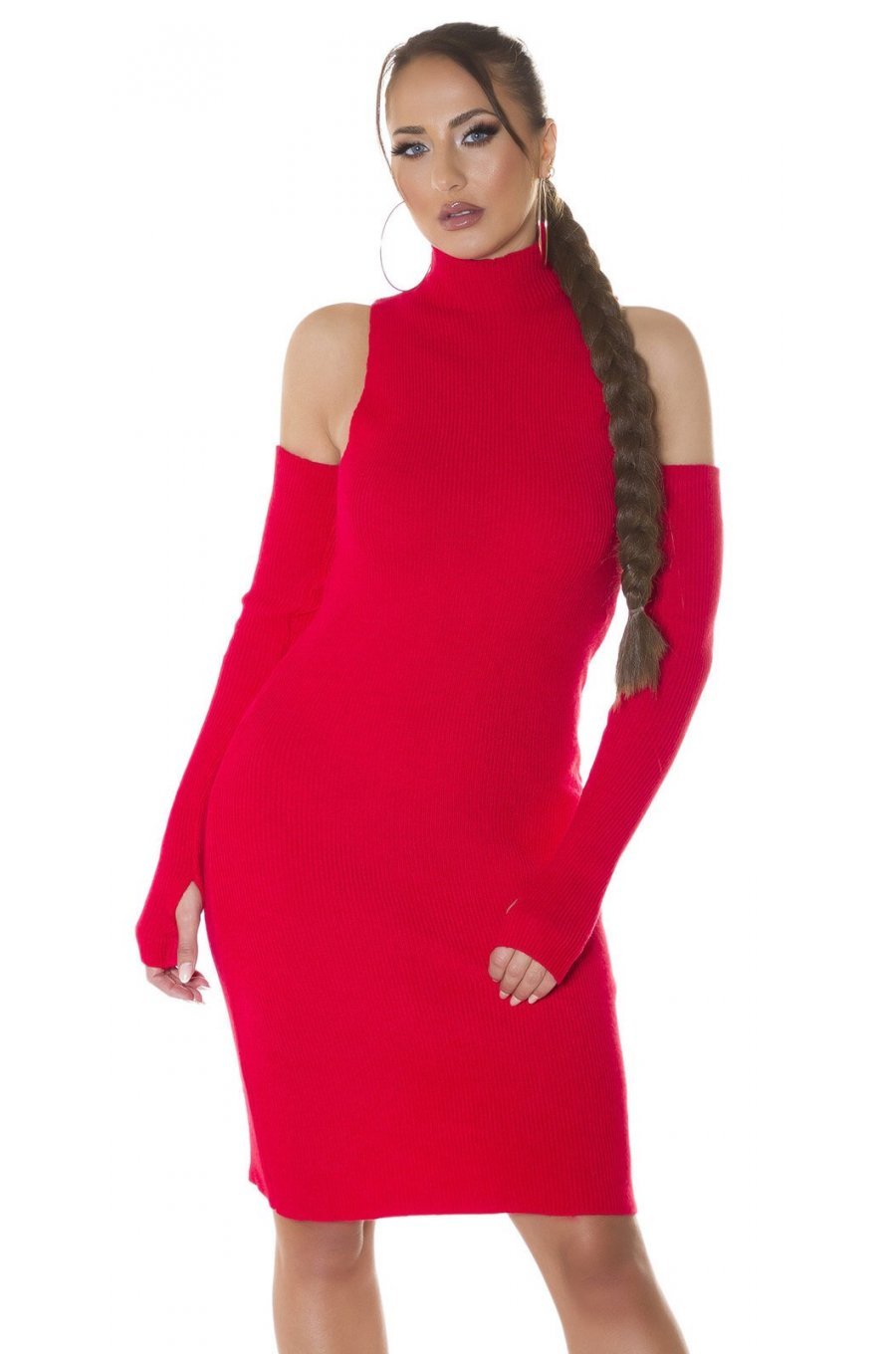 Rochie tricotata, midi, rosie cu umeri goi Dilara Rochie tricotata, midi, rosie cu umeri goi Dilara 1 - jojofashion.ro