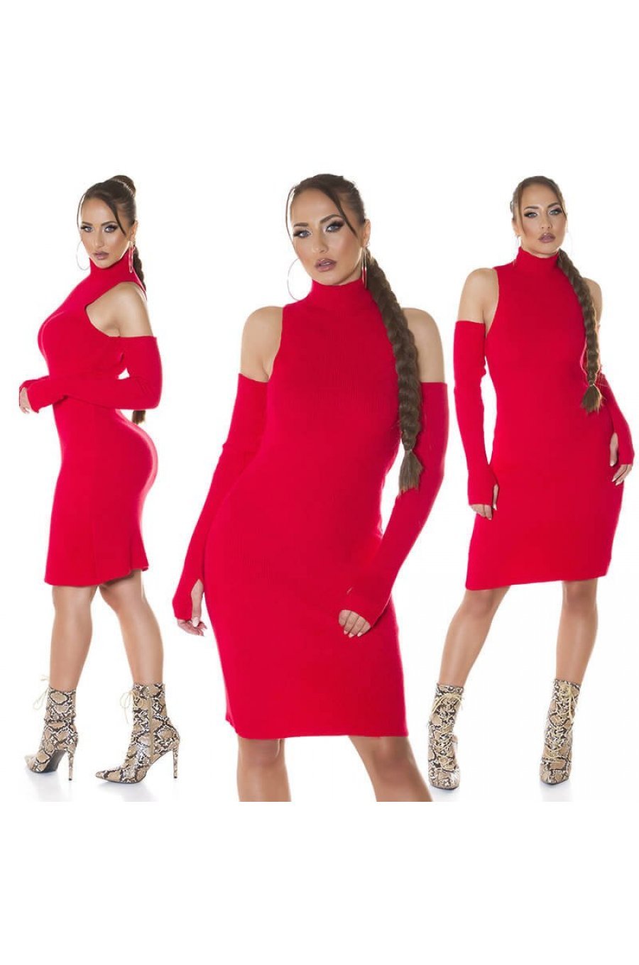 Rochie tricotata, midi, rosie cu umeri goi Dilara Rochie tricotata, midi, rosie cu umeri goi Dilara 4 - jojofashion.ro