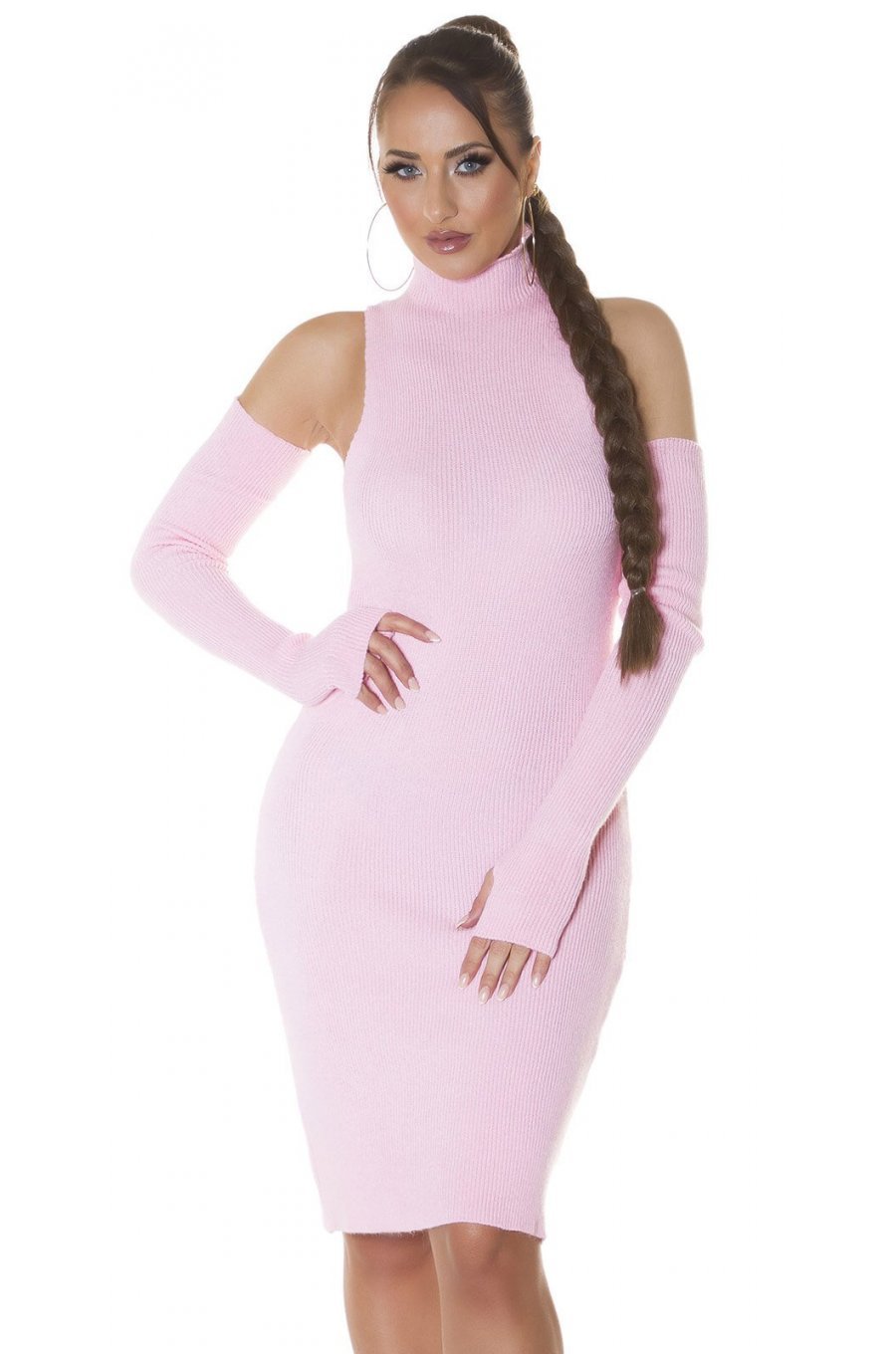 Rochie tricotata, midi, roz, cu umeri goi Dilara Rochie tricotata, midi, roz, cu umeri goi Dilara 1 - jojofashion.ro