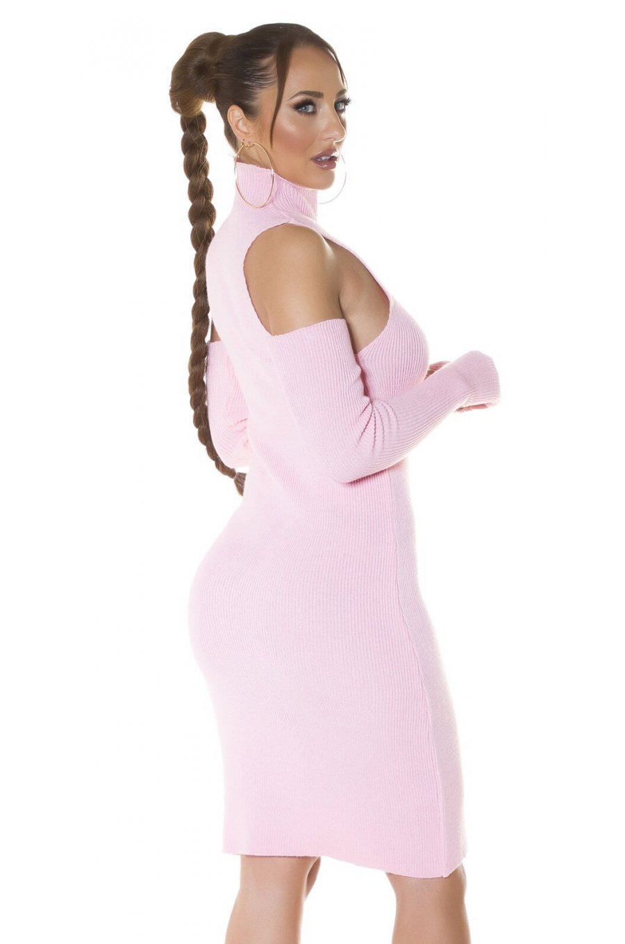 Rochie tricotata, midi, roz, cu umeri goi Dilara Rochie tricotata, midi, roz, cu umeri goi Dilara 2 - jojofashion.ro
