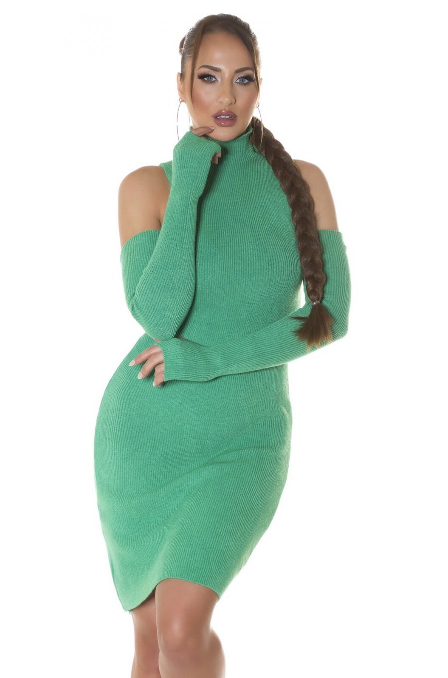 Rochie tricotata, midi, verde, cu umeri goi Dilara Rochie tricotata, midi, verde, cu umeri goi Dilara 1 - jojofashion.ro