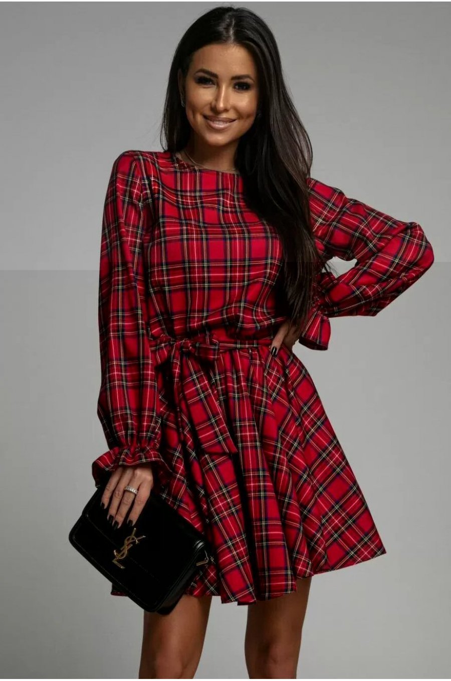 Rochie in carouri rosie scurta in clos cu maneca lunag Verusca 1 - jojofashion.ro