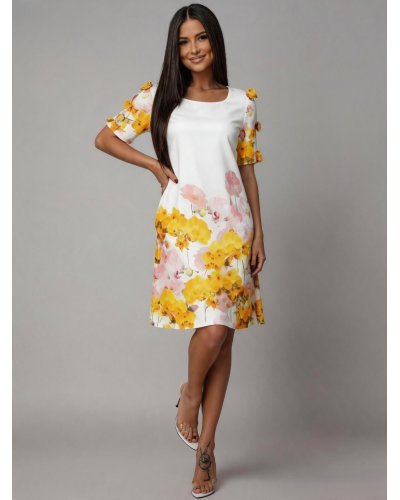 Rochii cu flori, Rochie midi alba cu flori galbene croi A Barbara - jojofashion.ro