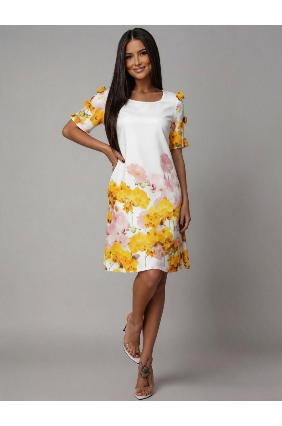 Rochie midi alba cu flori galbene croi A Barbara 1 - jojofashion.ro