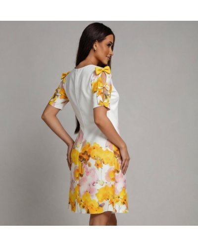 Rochii cu flori, Rochie midi alba cu flori galbene croi A Barbara - jojofashion.ro