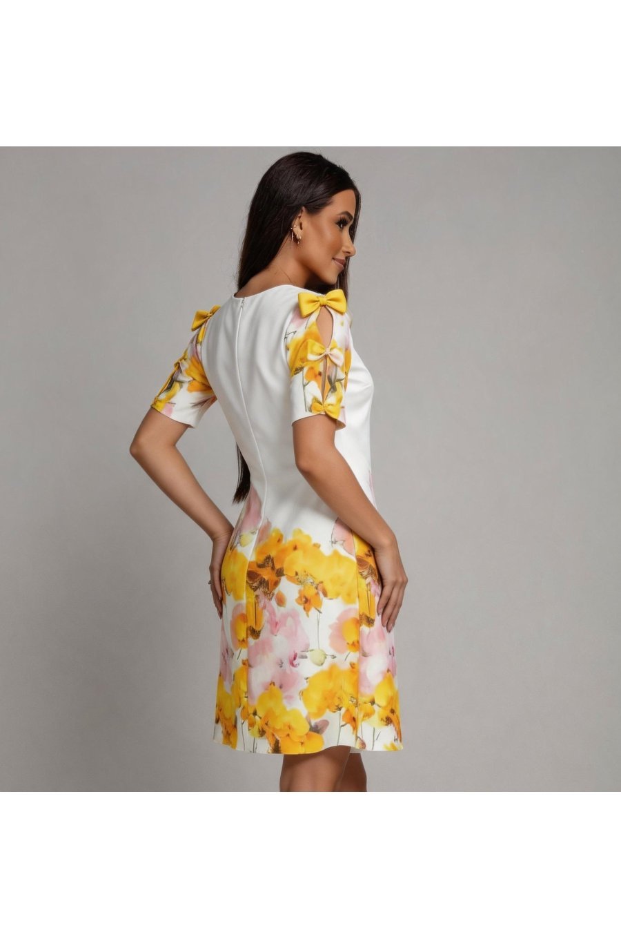 Rochie midi alba cu flori galbene croi A Barbara 2 - jojofashion.ro