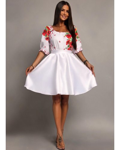 Rochii cununie civila, Rochie traditionala midi alba cu maci rosii Azra - jojofashion.ro