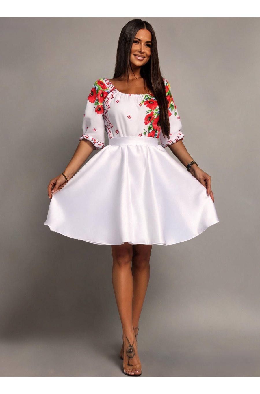 Rochie traditionala midi alba cu maci rosii Azra 1 - jojofashion.ro