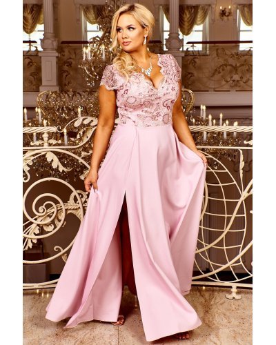Rochie de cununie eleganta marime mare lunga dantela roz pastelat  Arianza Rochii lungi, Rochie de cununie eleganta marime mare lunga dantela roz pastelat  Arianza - jojofashion.ro
