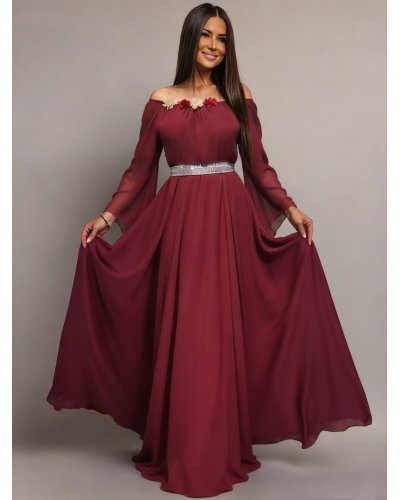 Rochii burgundy, Rochie lunga ocazie din voal burgundy FairyTale - jojofashion.ro