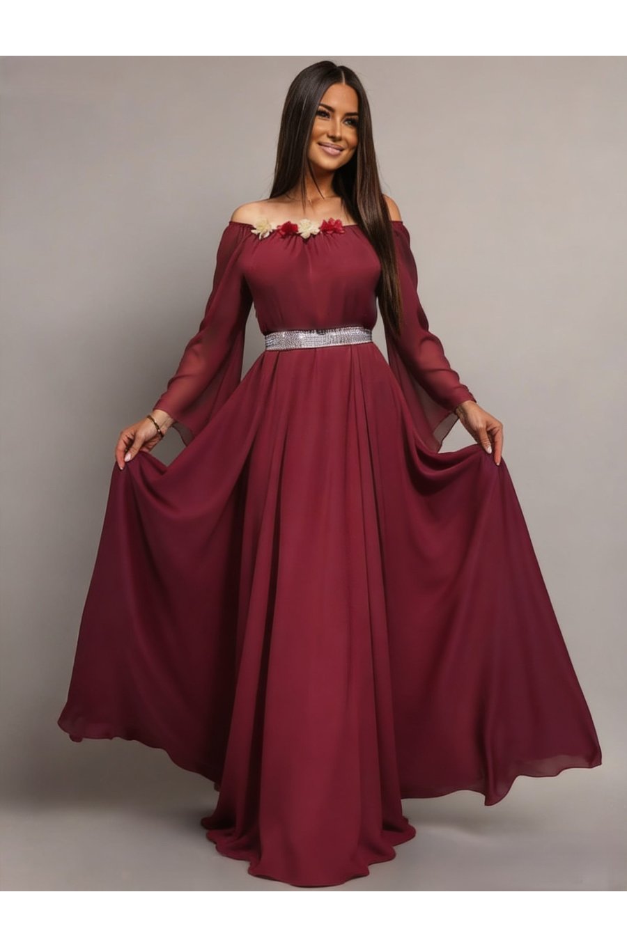 Rochie lunga ocazie din voal burgundy FairyTale 1 - jojofashion.ro